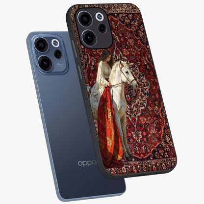 Royal Rider Tapestry Glass Case displayed in angled mockup highlighting traditional tapestry design with royal heritage aesthetic.