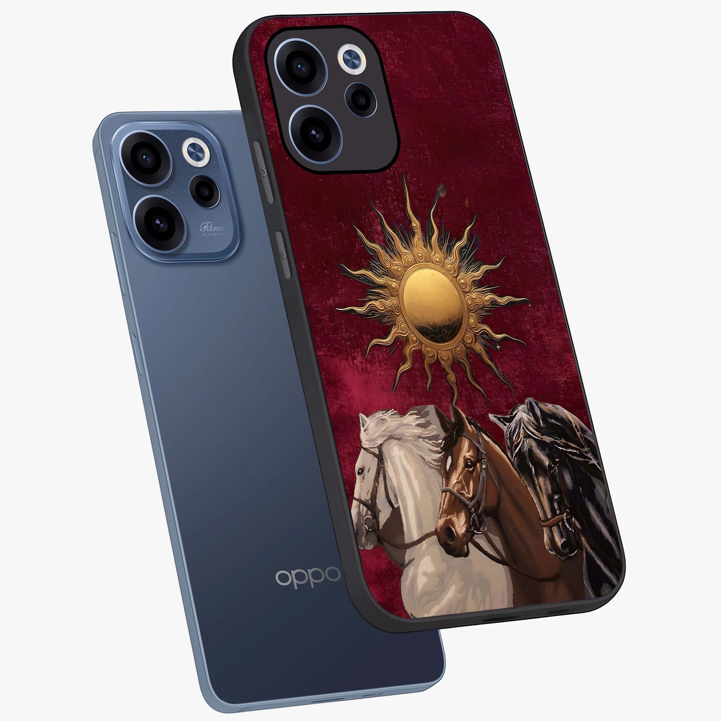 Solar Riders Glass Case displayed in angled mockup highlighting powerful rider illustration with radiant solar aesthetic.