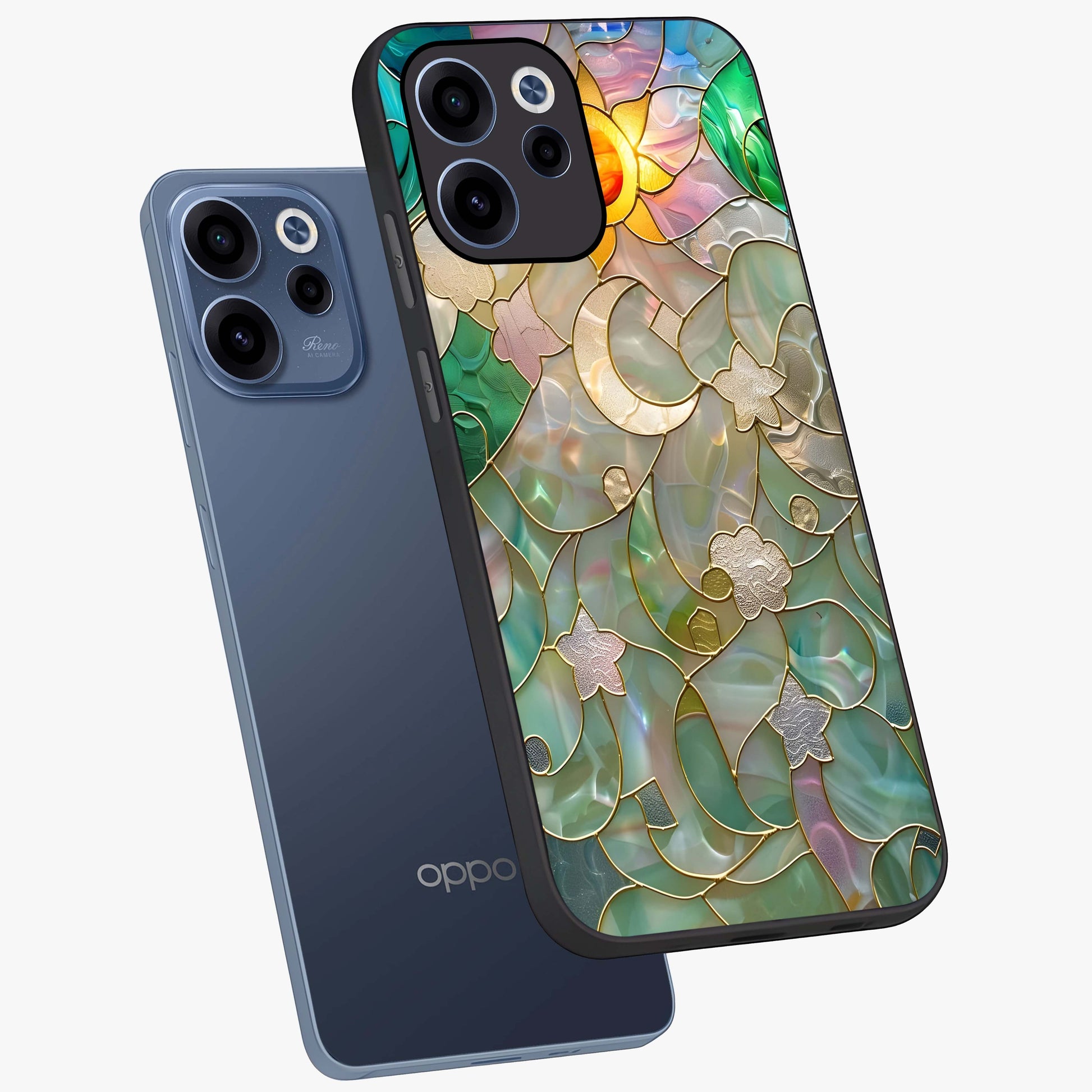 Stained Sunrise Glow Glass Case displayed in angled mockup highlighting radiant sunrise design with artistic aesthetic style.