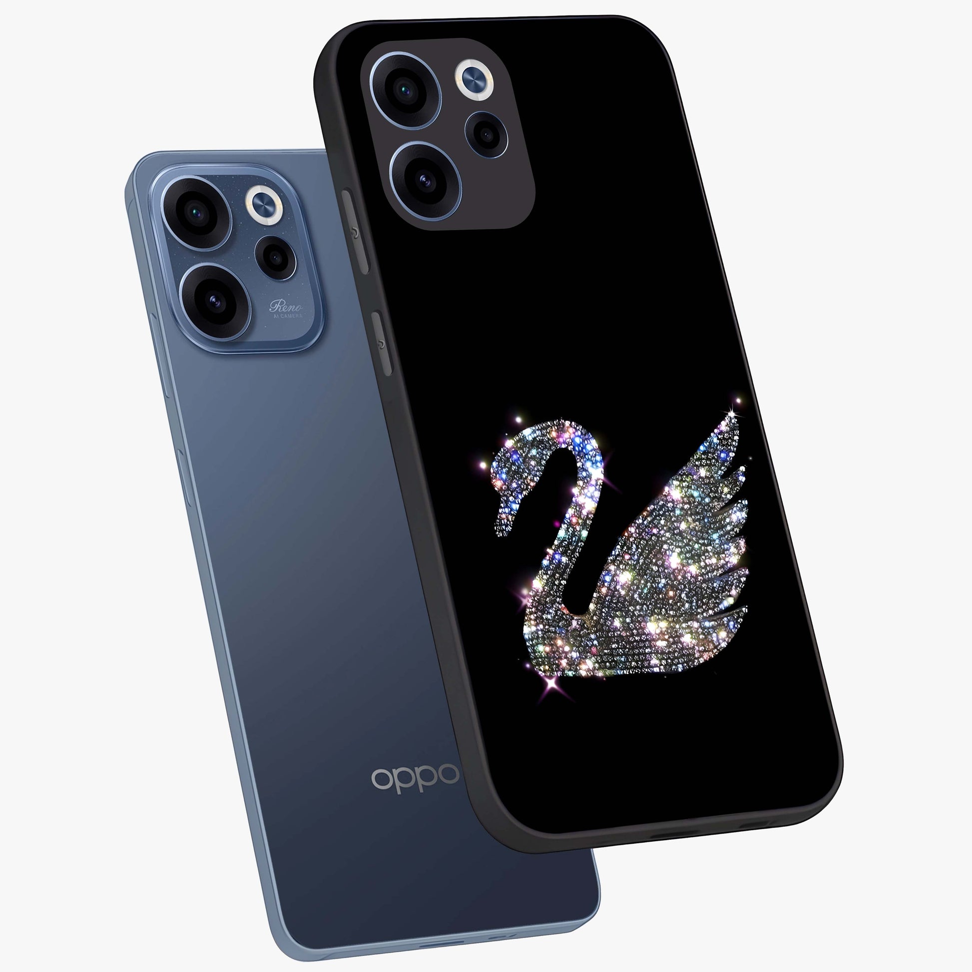 Starlit Swan Grace Glass Case displayed in angled mockup highlighting elegant swan illustration with dreamy celestial aesthetic.