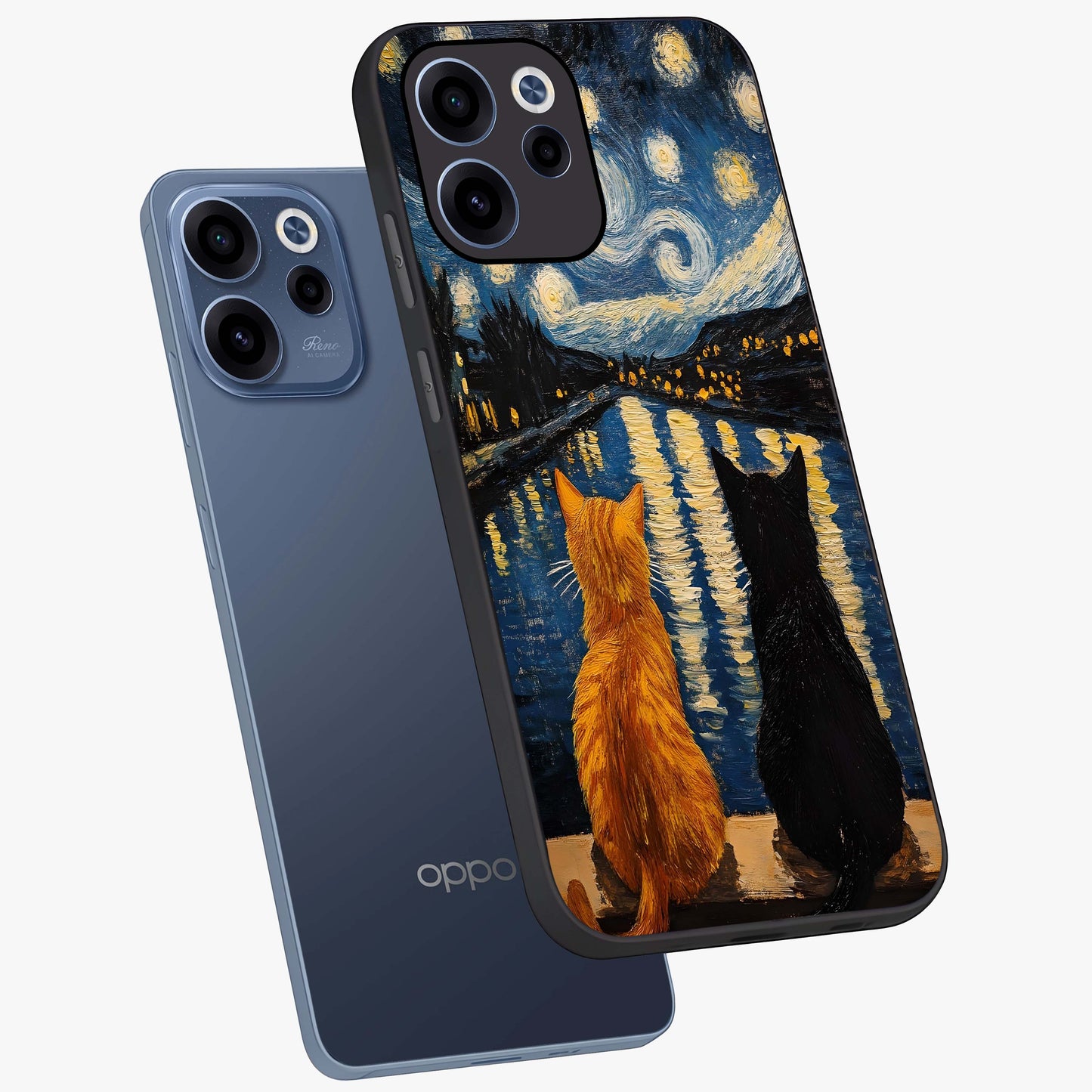 Starry River Cats Glass Case displayed in angled mockup highlighting charming feline illustration with dreamy night aesthetic.