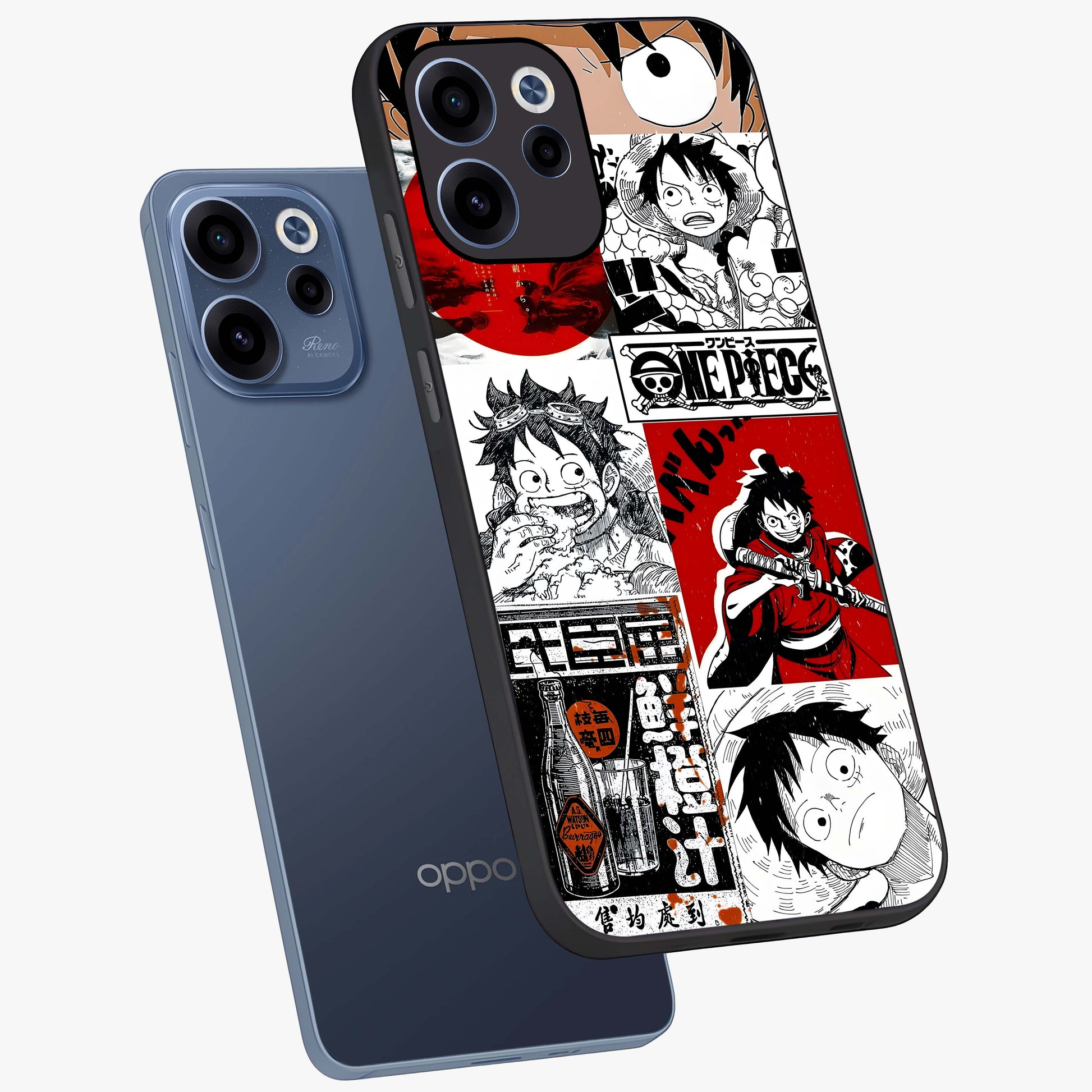 Strawhat Chaos Panels Glass Case displayed in angled mockup highlighting vibrant anime collage design with action aesthetic.