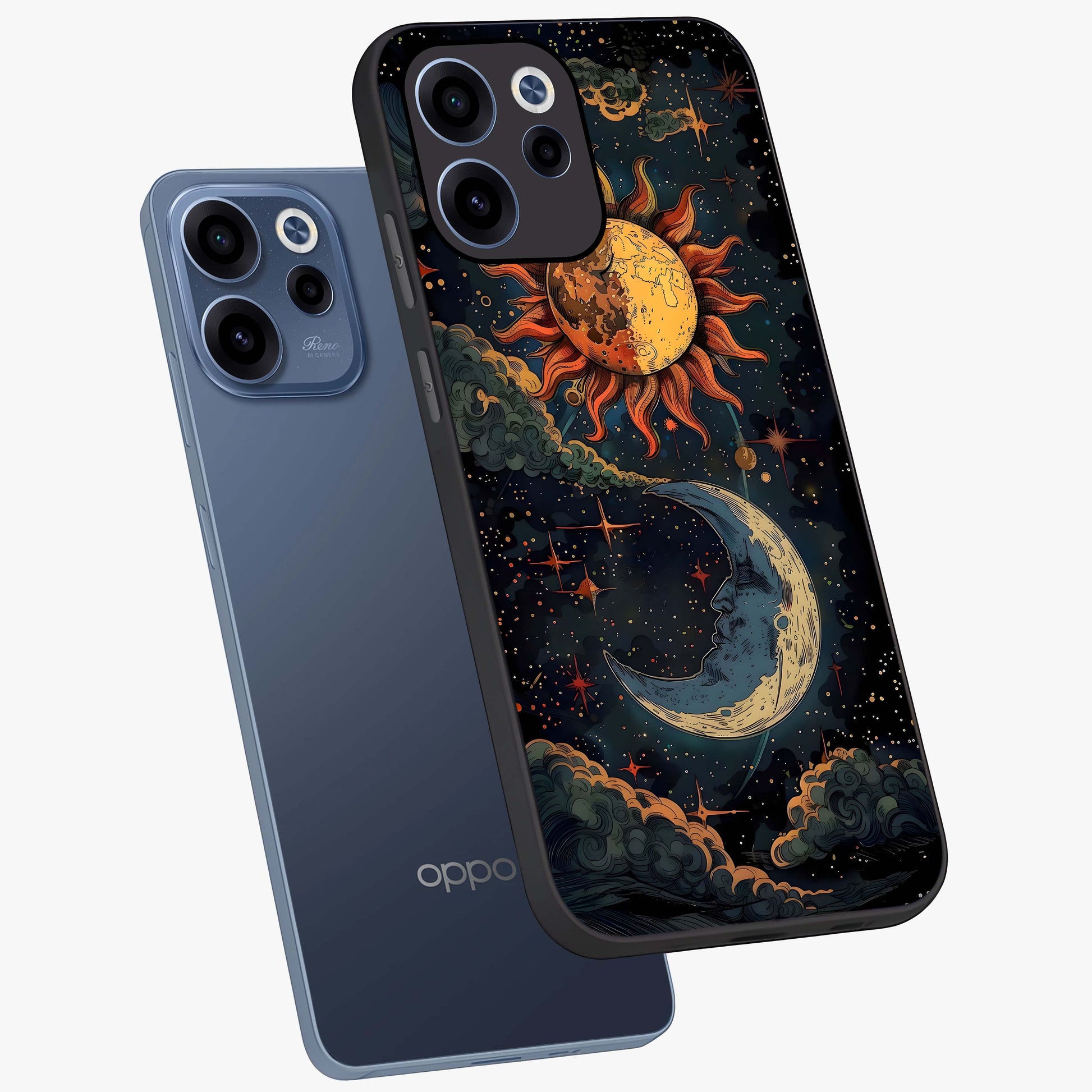 Sun And Moon Magic Design Glass Case displayed in angled mockup highlighting celestial design with magical cosmic aesthetic.