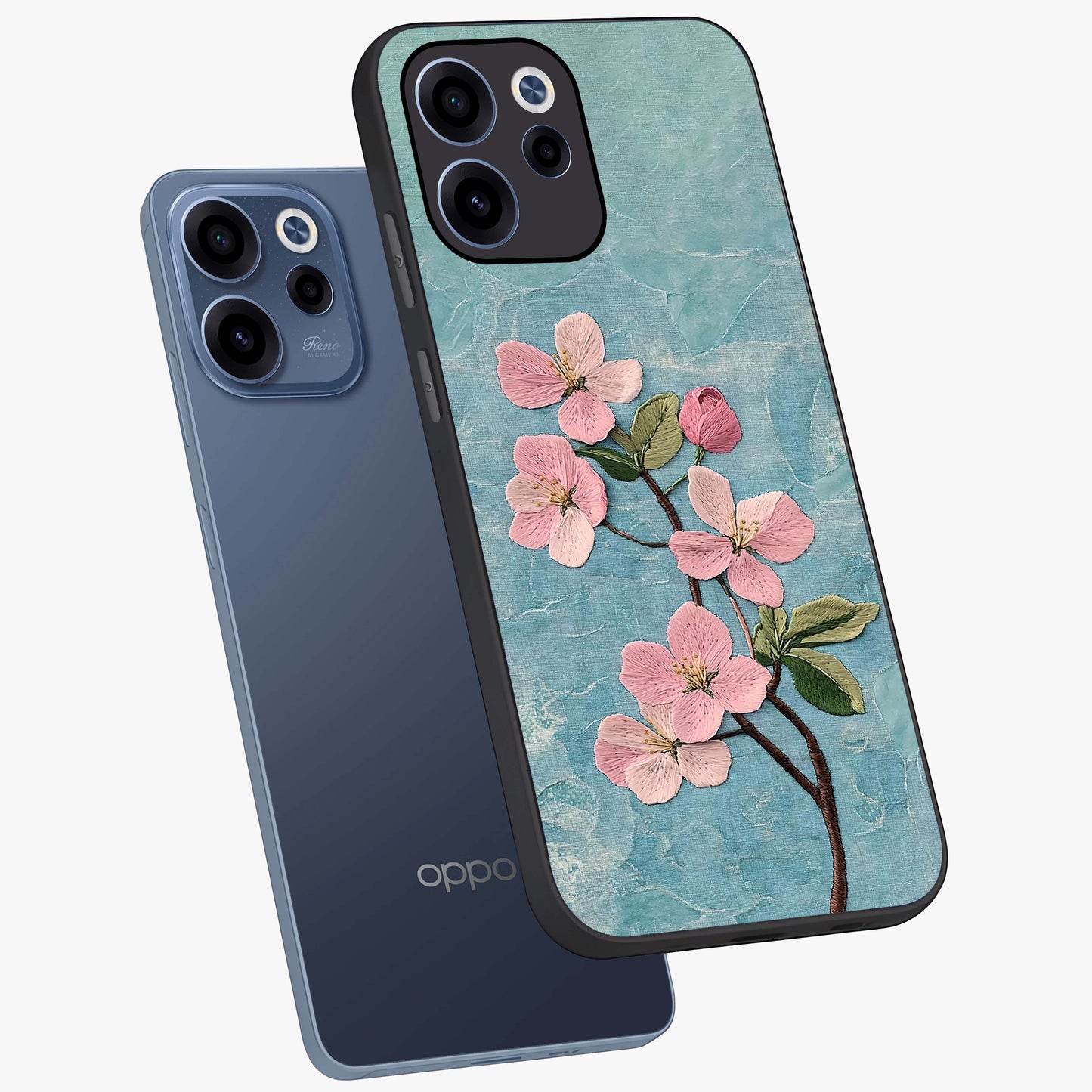 Threaded Blossom Breeze Glass Case displayed in angled mockup highlighting elegant floral design with soft aesthetic style.