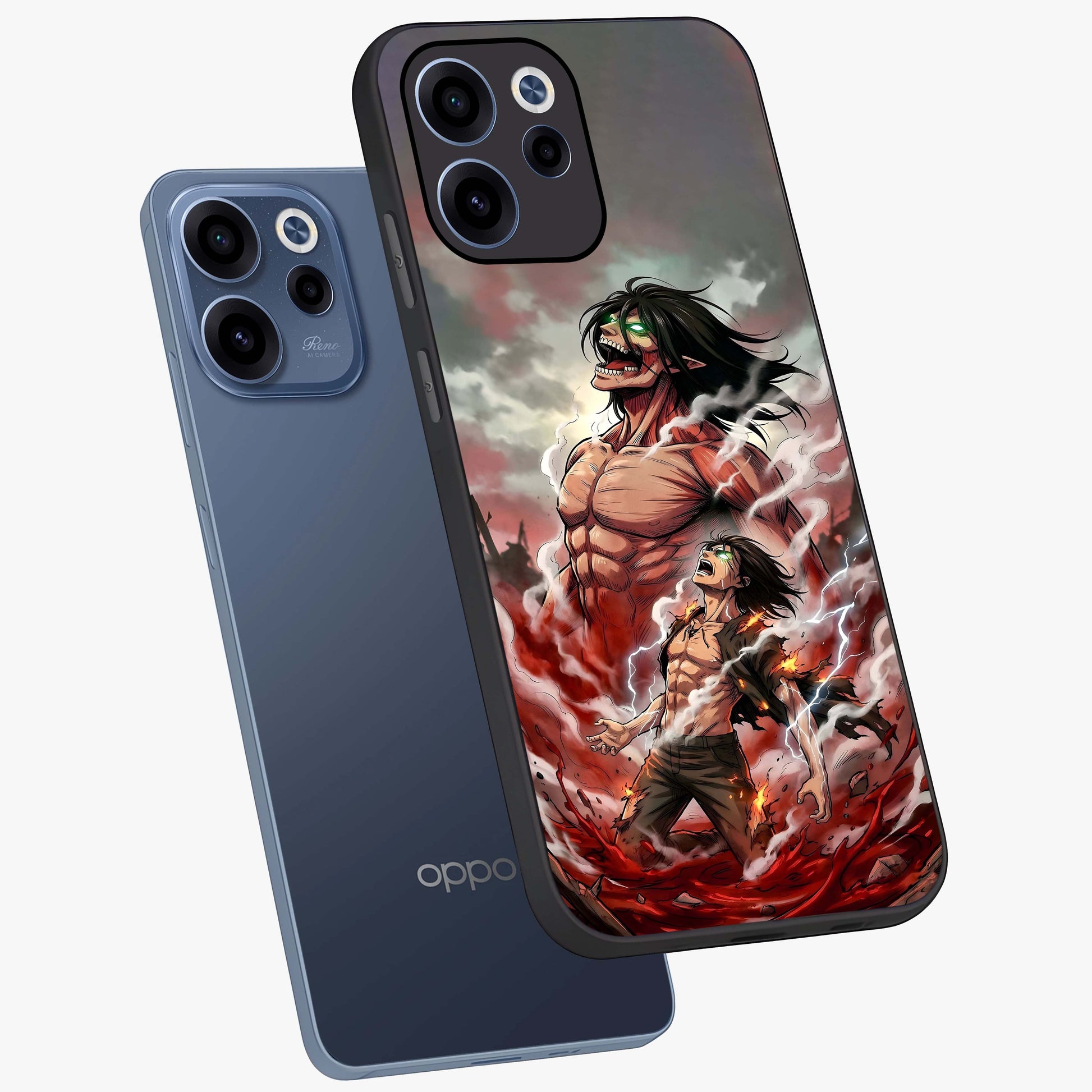 Titan Awakening Fury Glass Case displayed in angled mockup highlighting dramatic giant warrior design with bold anime aesthetic.