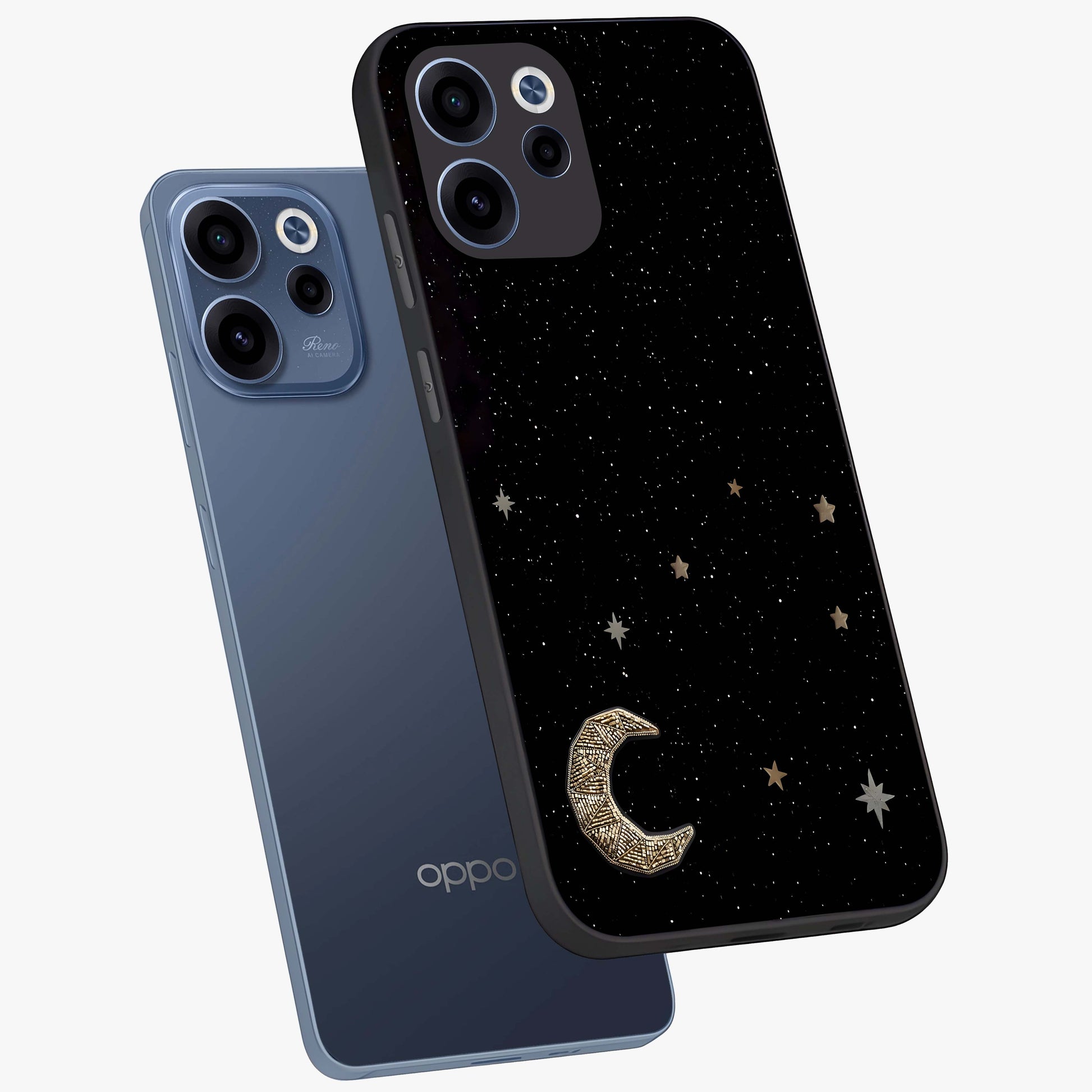 Twinkle Star With Half Moon Glass Case displayed in angled mockup highlighting celestial moon and star design with magical aesthetic.