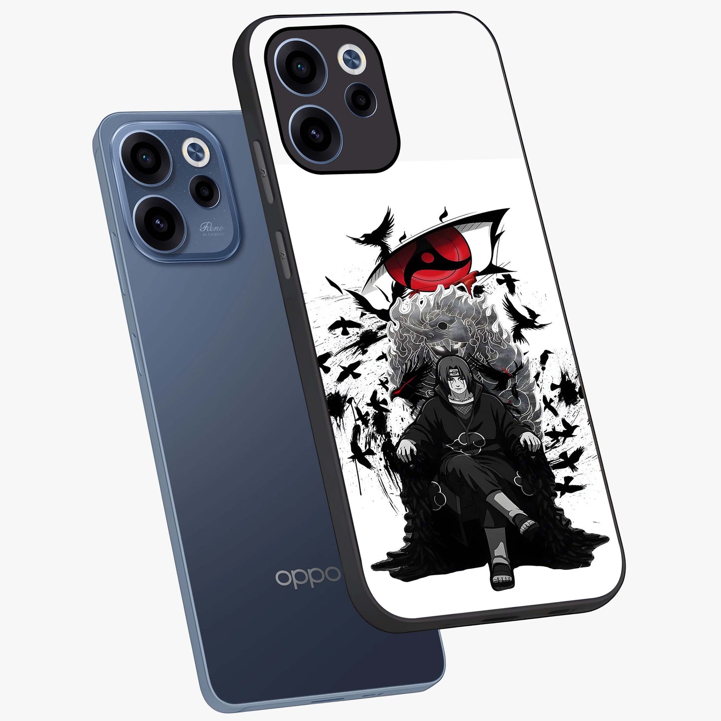 Uchiha Shadow Throne Glass Case displayed in angled mockup highlighting glowing aquatic design with celestial aesthetic.