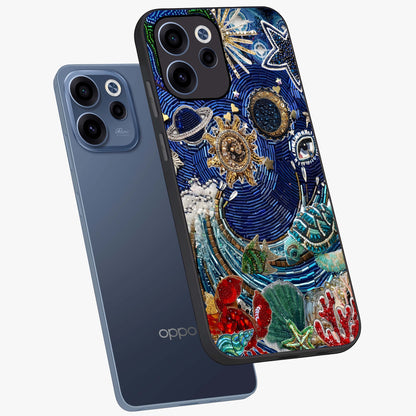 Universe Underwater Spark Glass Case displayed in angled mockup highlighting glowing aquatic design with celestial aesthetic.