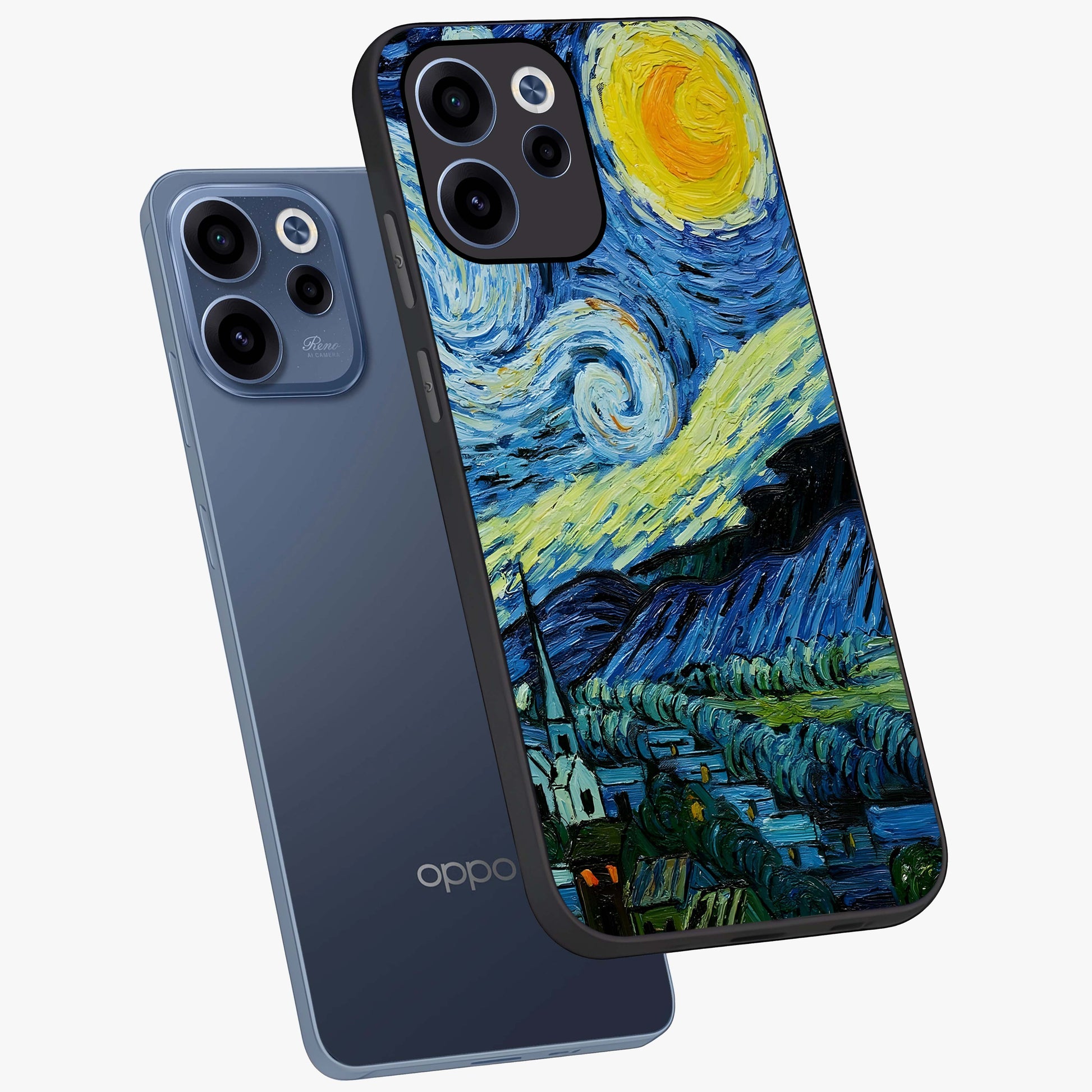 Van Gogh Art Glass Case displayed in angled mockup highlighting swirling brushstroke design with artistic aesthetic.