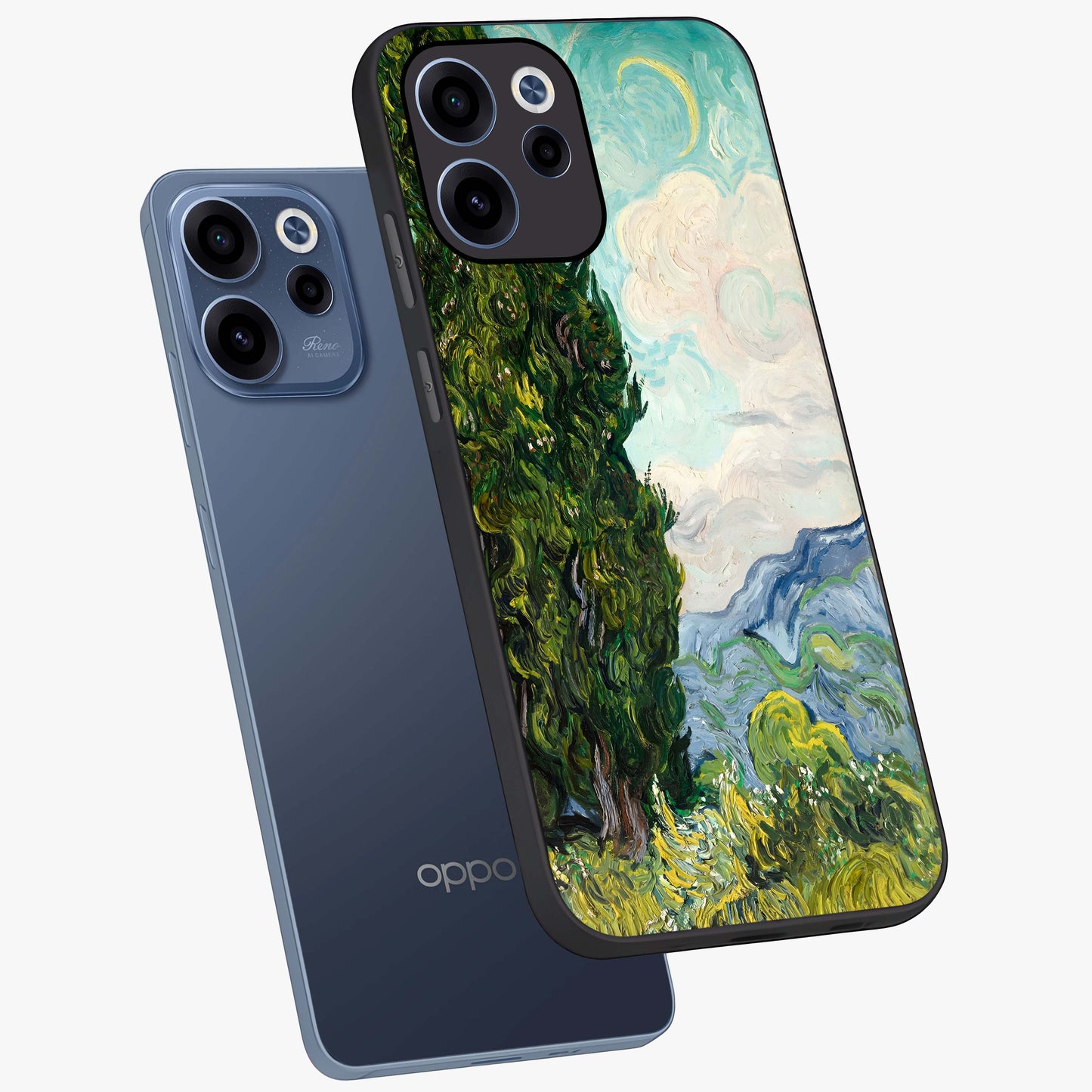 Van Gogh Vintage Art Glass Case displayed in angled mockup highlighting textured brushstroke design with classic aesthetic.