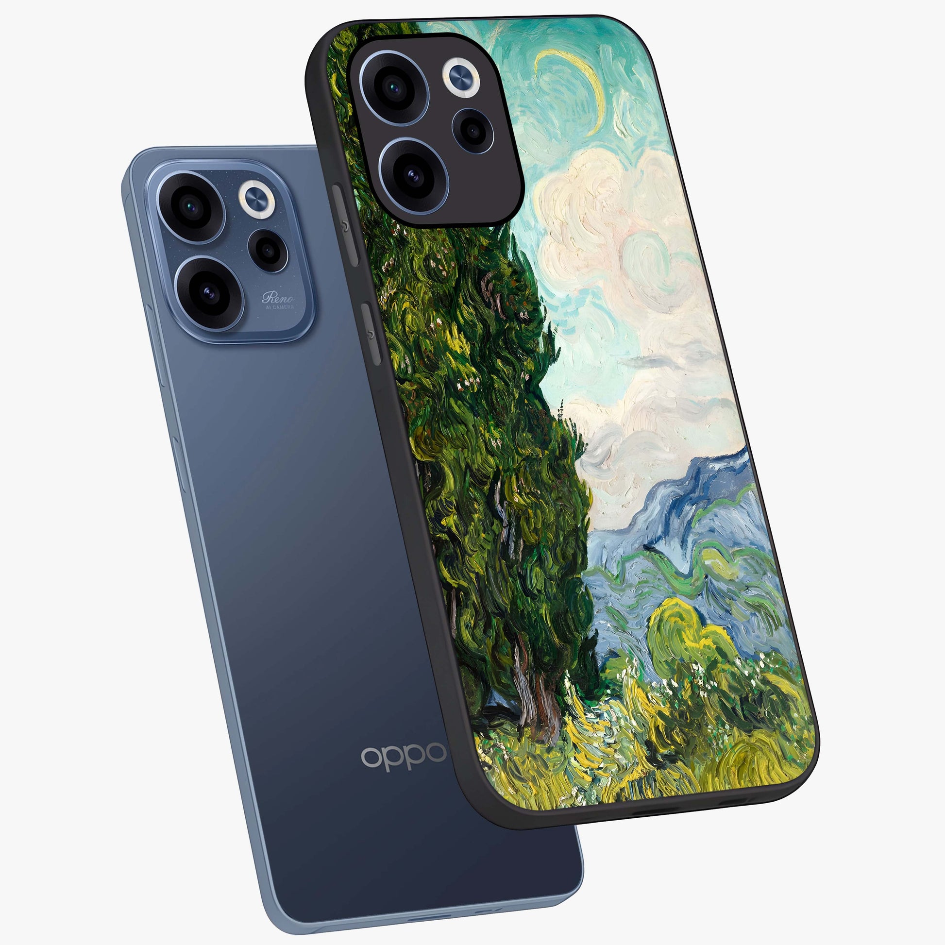 Van Gogh Vintage Art Glass Case displayed in angled mockup highlighting textured brushstroke design with classic aesthetic.