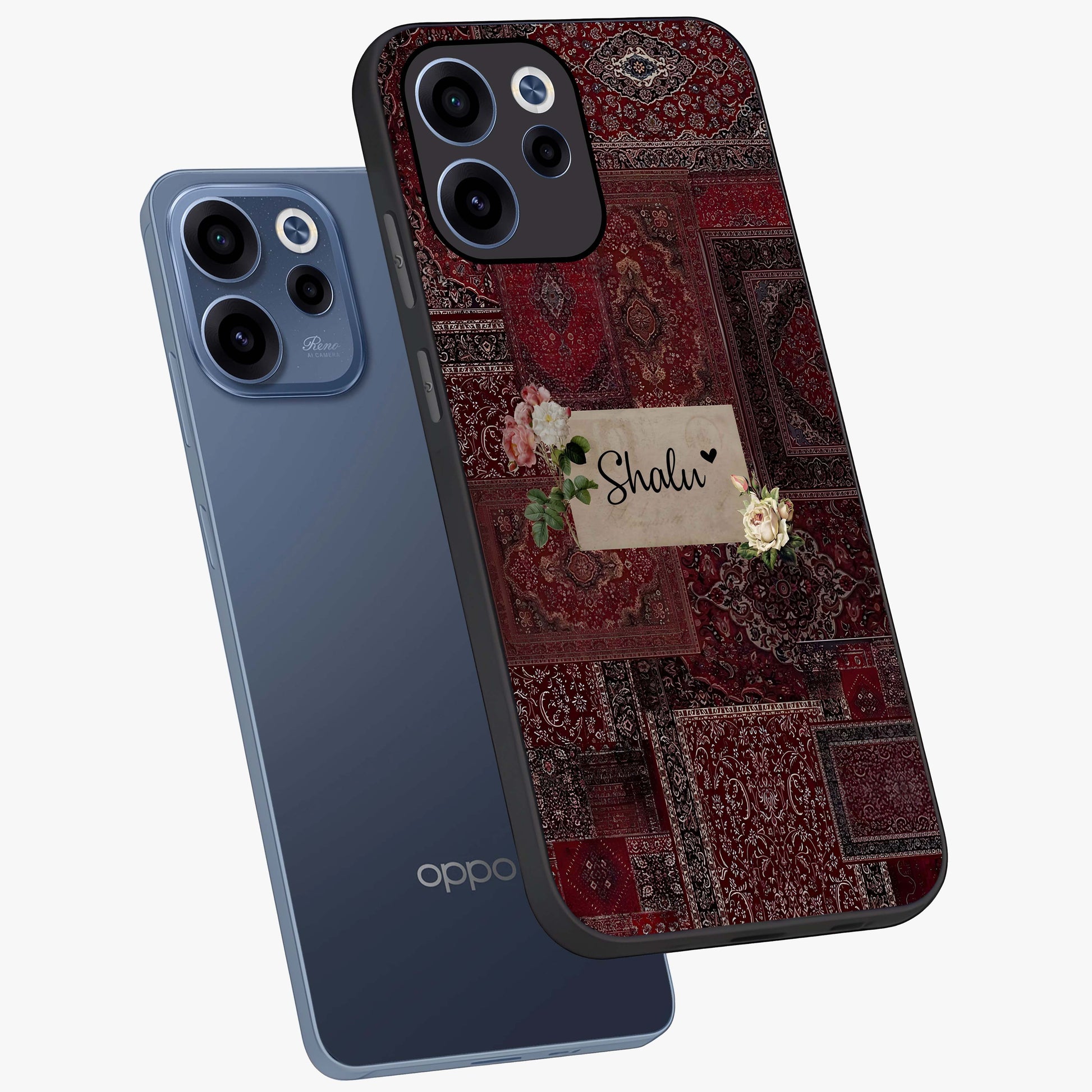 Velvet Wine Pattern Custom Name Glass Case displayed in angled mockup highlighting decorative velvet inspired design with custom name feature.