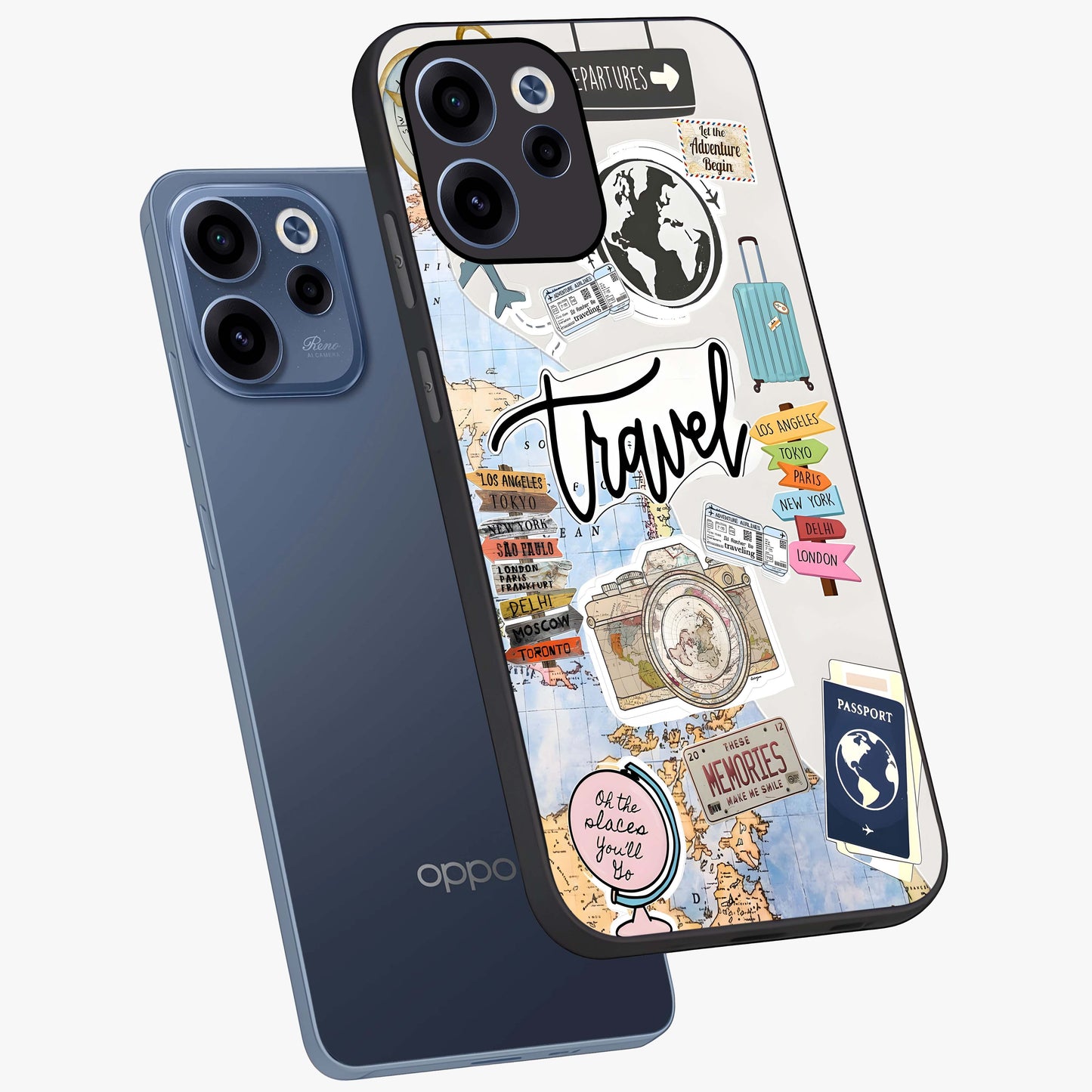 Wanderlust Journal Glass Case displayed in angled mockup highlighting adventure themed design with aesthetic travel vibe.