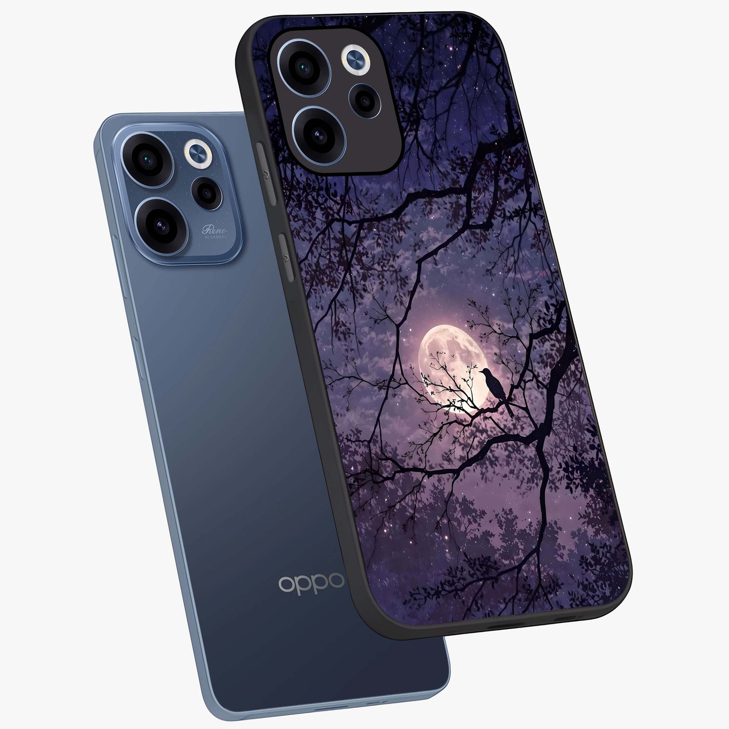 Whispering Moon Silence Glass Case displayed in angled mockup highlighting calm lunar design with dreamy night aesthetic.