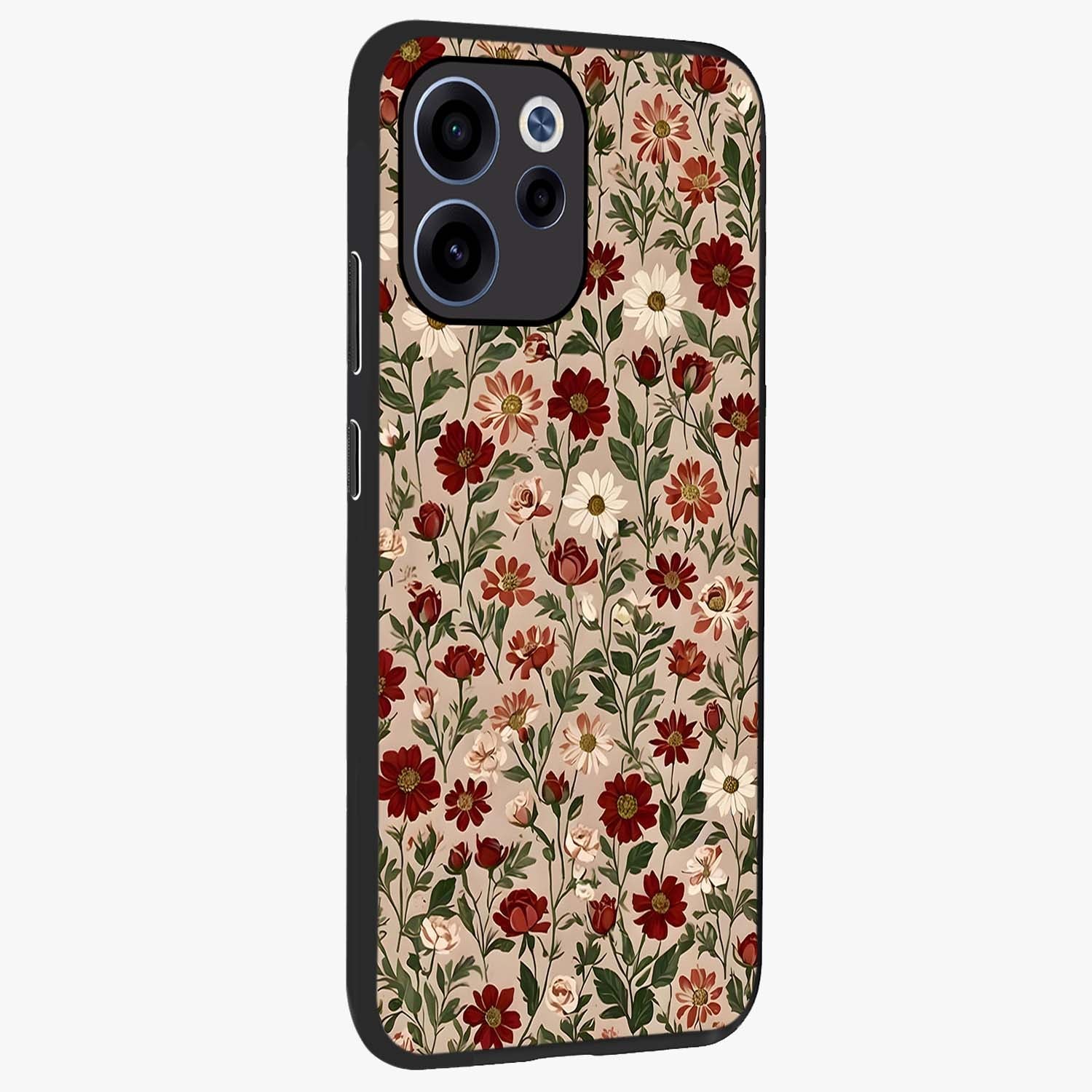 Biege Flower With Leaf Glass Case upright view showcasing delicate beige flower illustration with clean botanical style.