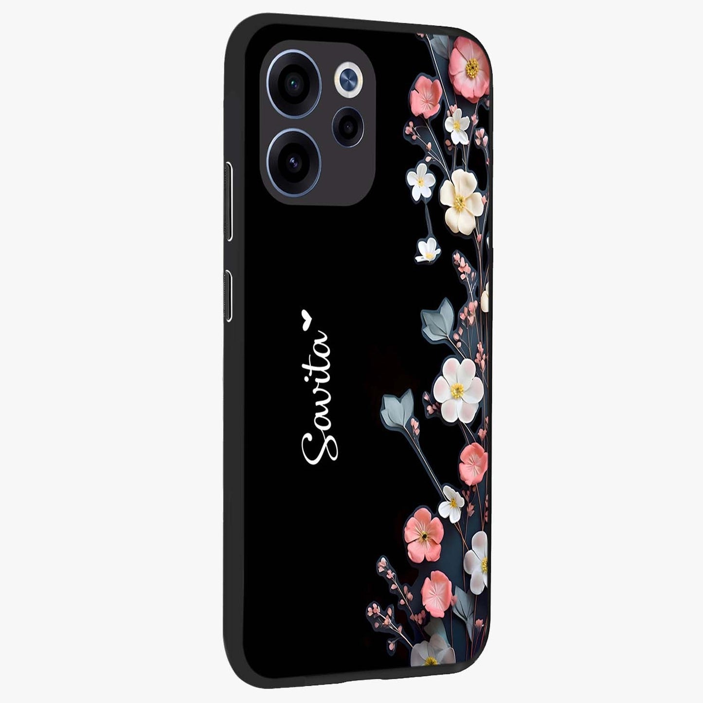 Black Elegance Floral Custom Name Glass Case upright view showcasing luxurious black floral design with personalized name detail.
