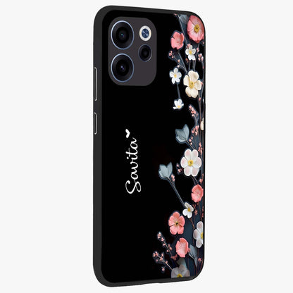 Black Elegance Floral Custom Name Glass Case upright view showcasing luxurious black floral design with personalized name detail.