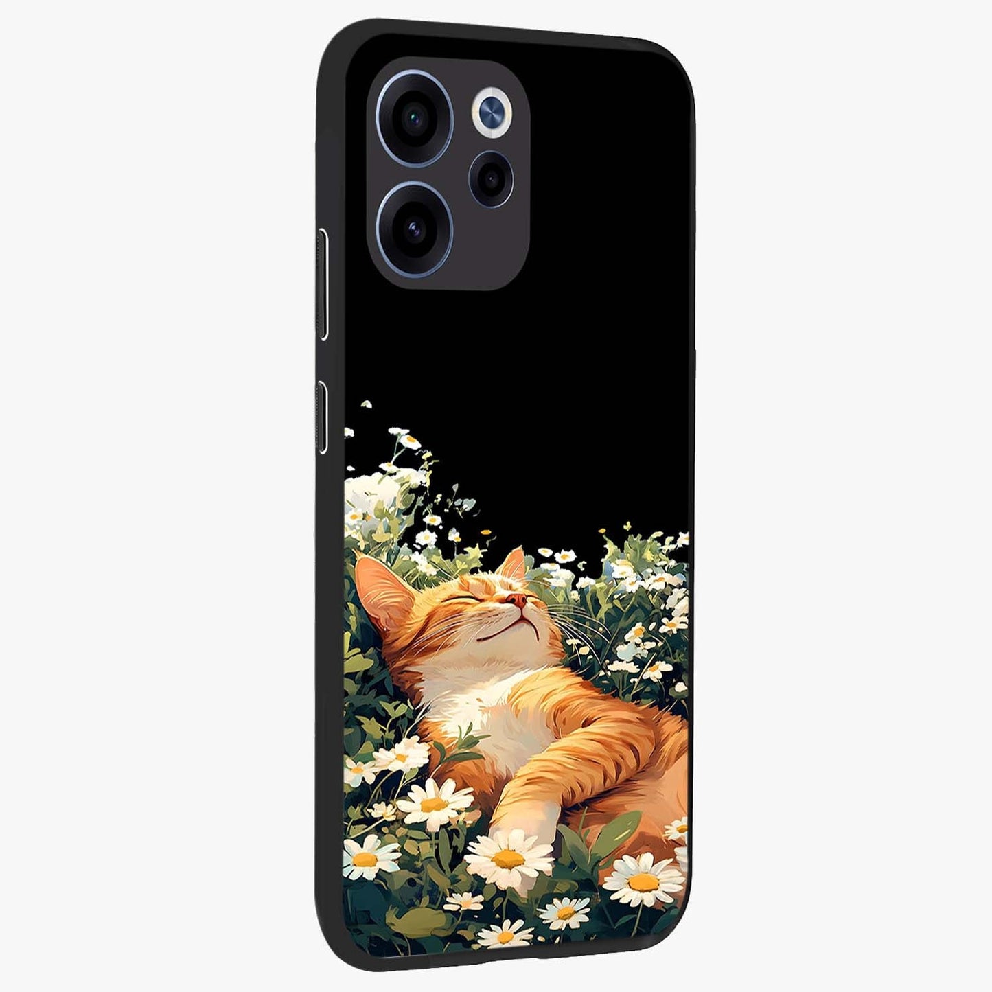 Blissful Bloom Cat Glass Case upright view showcasing charming cat design surrounded by blooming floral elements.