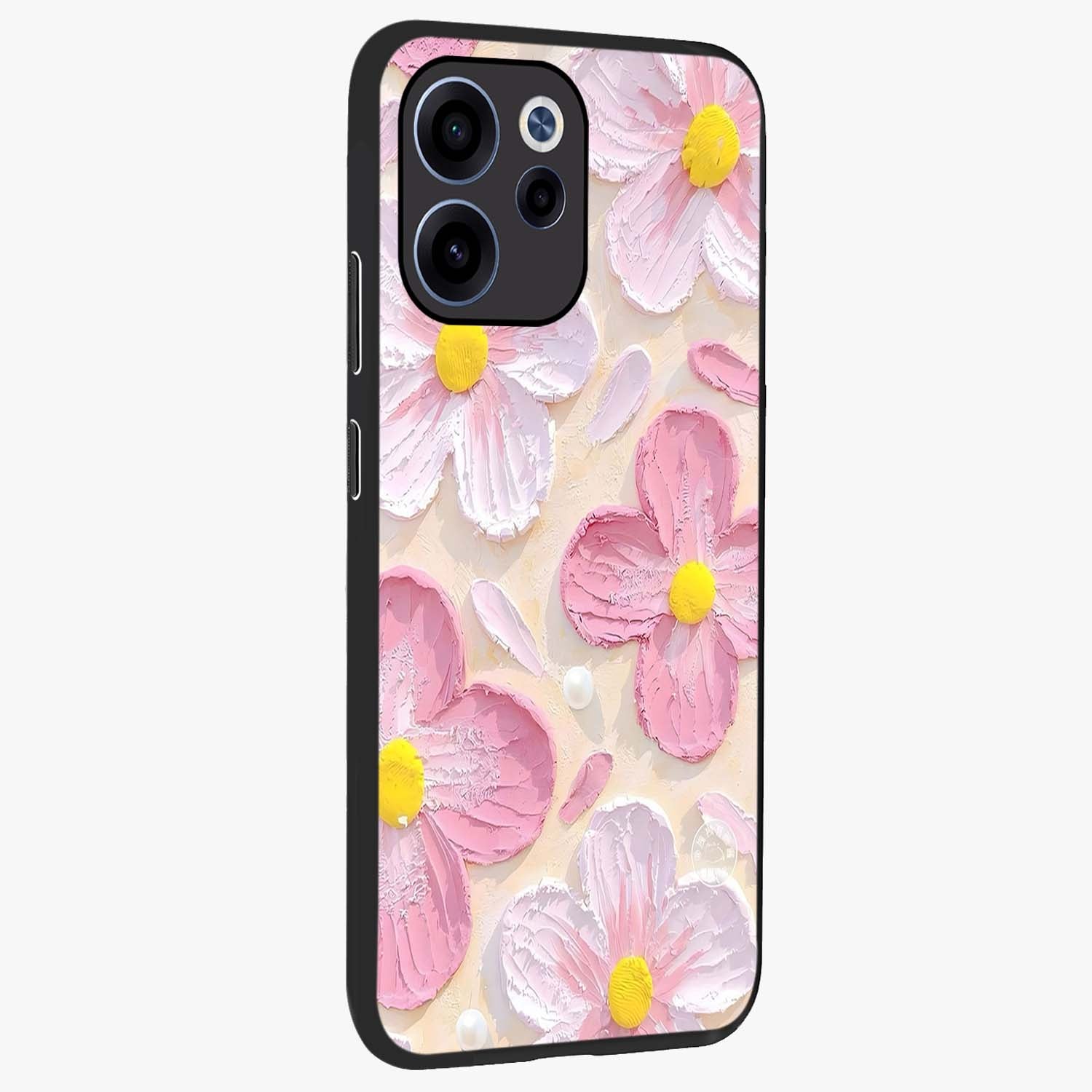 Blush Bloom Texture Glass Case upright view showcasing delicate blush floral texture with modern minimal style.