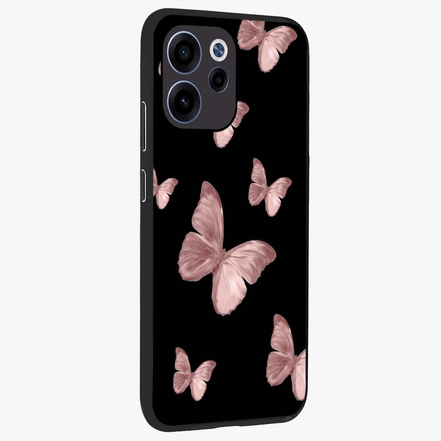 Butterfly Pattern Glass Case upright view showcasing graceful butterfly artwork with soft decorative theme.