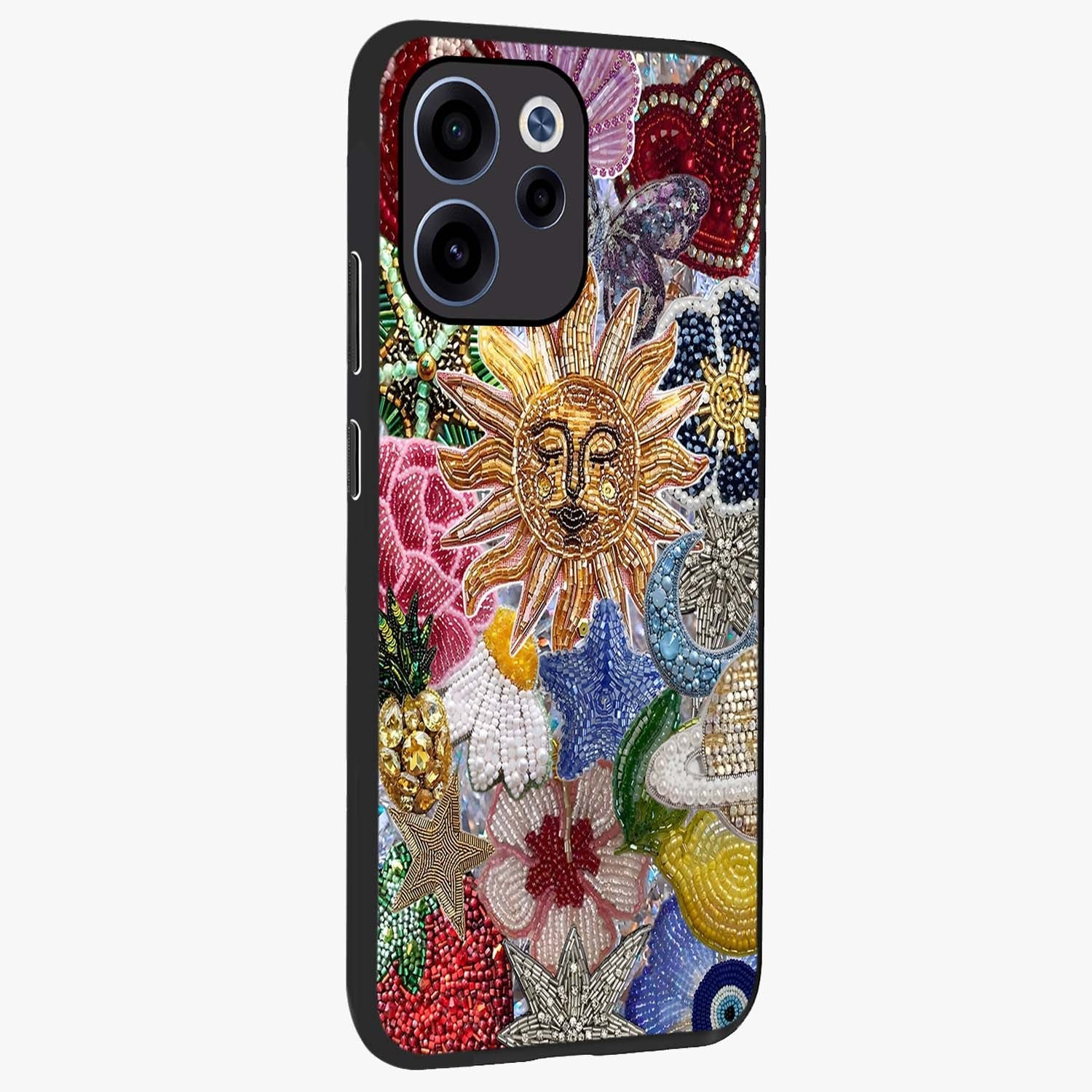 Celestial Floral and Playful Glass Case upright view showcasing whimsical floral artwork with cosmic aesthetic theme.