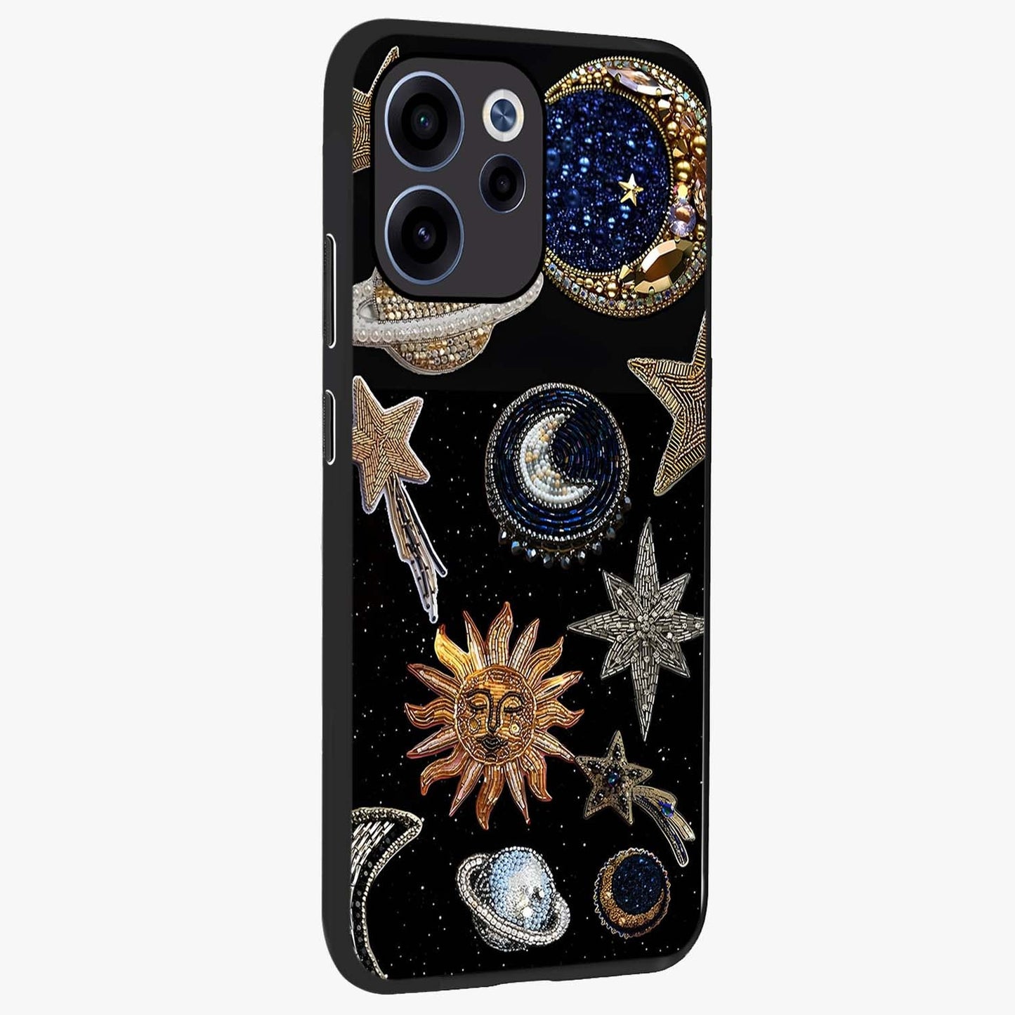 Celestial Gem Constellations Glass Case upright view showcasing cosmic constellation artwork with celestial aesthetic style.
