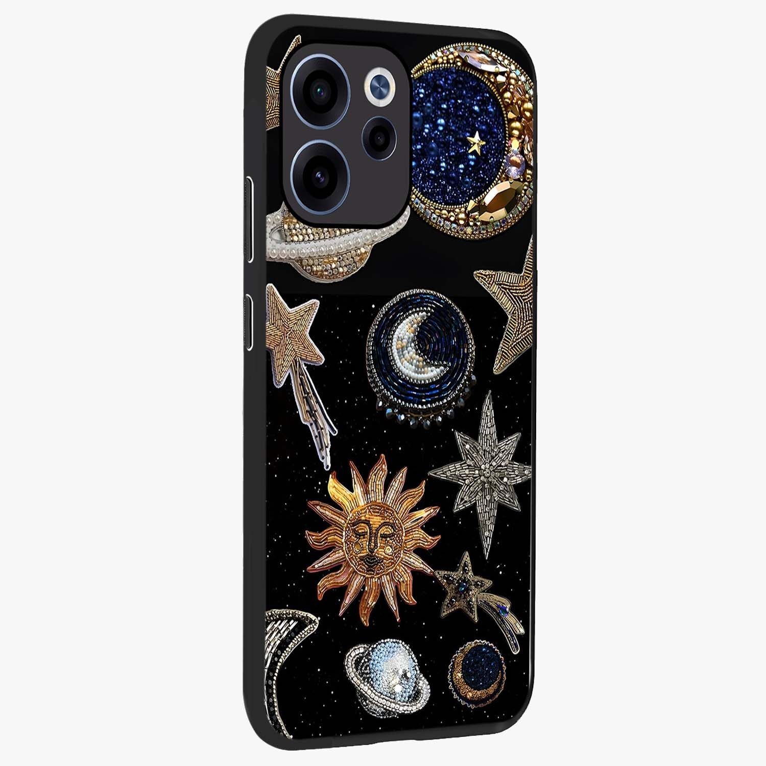Celestial Gem Constellations Glass Case upright view showcasing cosmic constellation artwork with celestial aesthetic style.