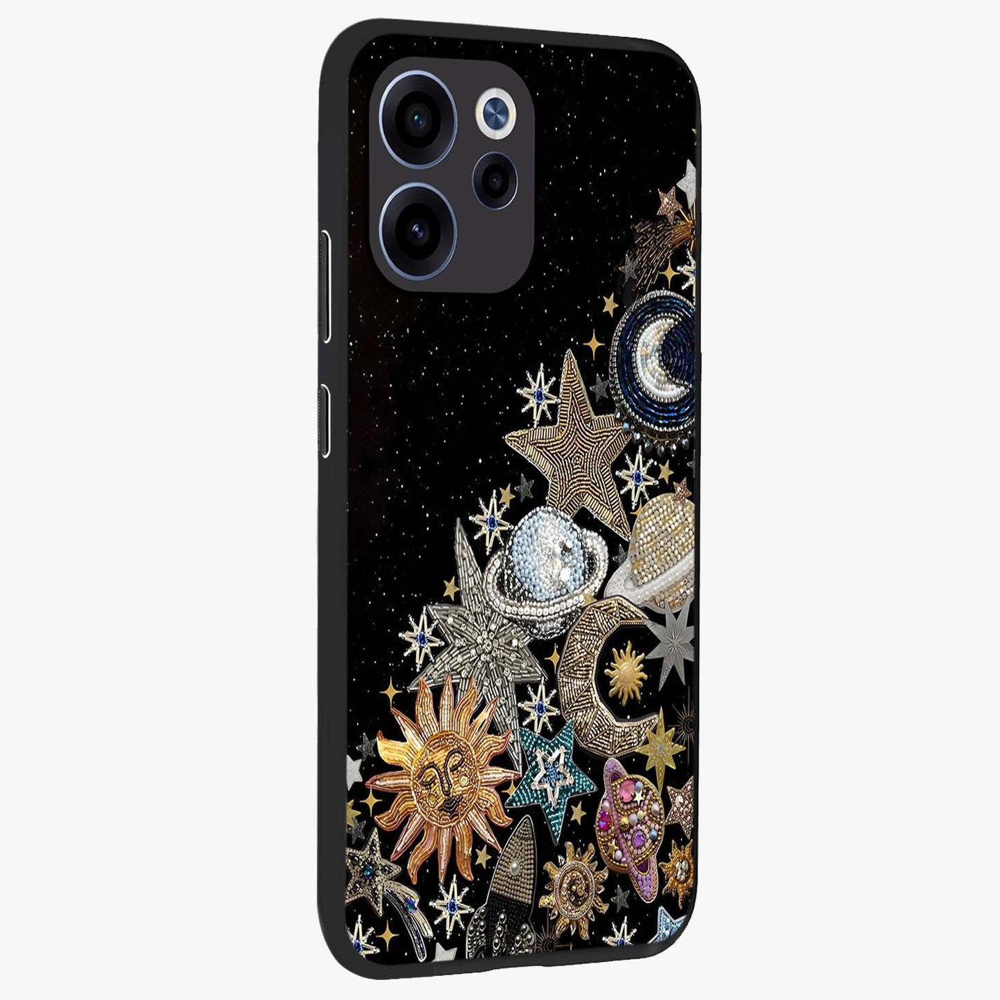 Cosmic Sparkle Dreams Glass Case upright view showcasing glowing cosmic artwork with magical galaxy theme.