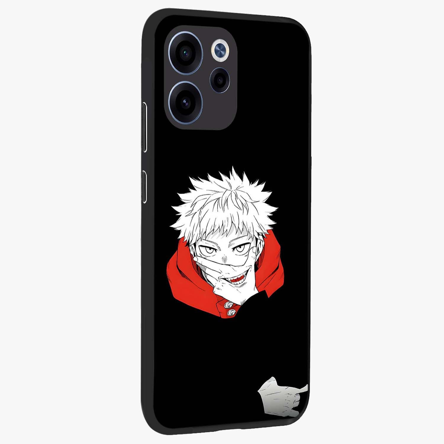 Crimson Chaos Smile Glass Case upright view showcasing expressive chaotic artwork with striking visual theme.