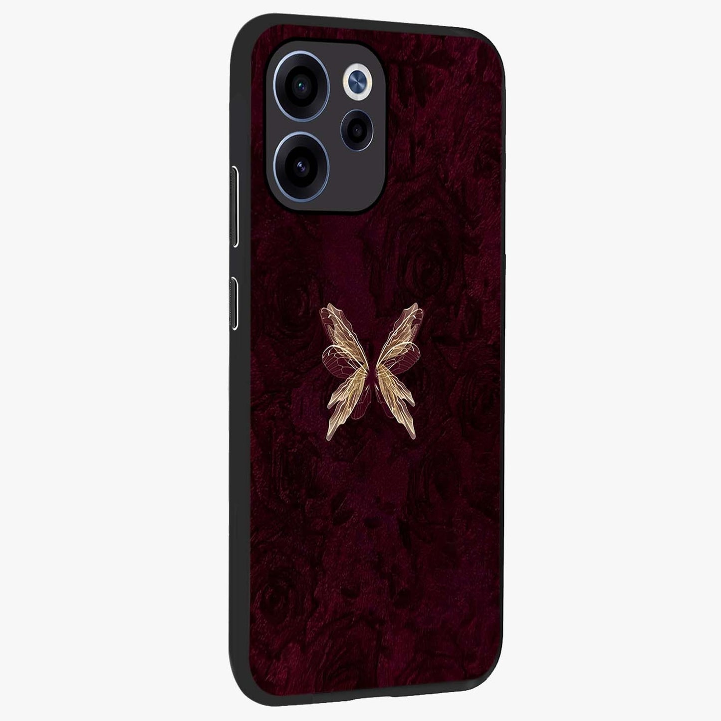 Crimson Fade Butterfly Glass Case upright view showcasing graceful butterfly artwork with soft crimson fade effect.