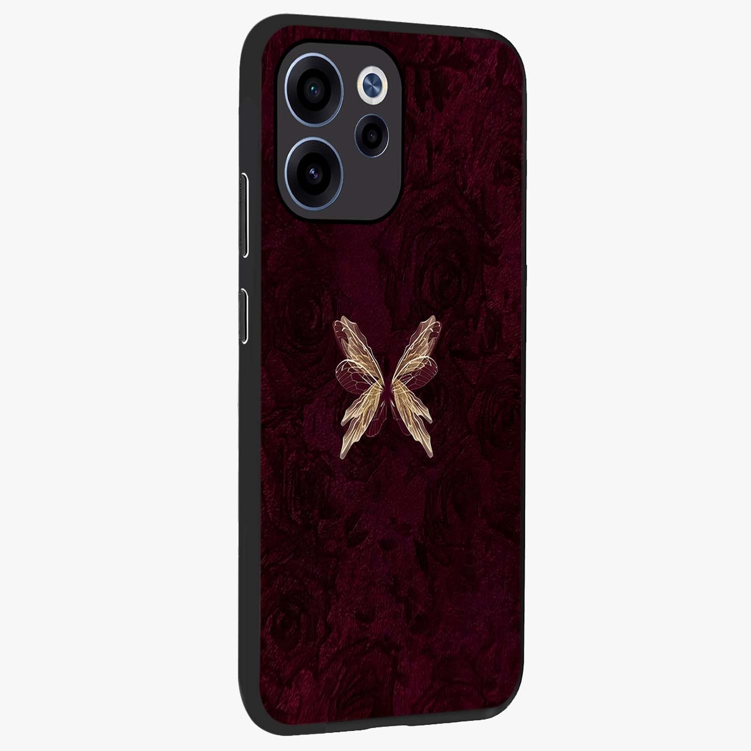 Crimson Fade Butterfly Glass Case upright view showcasing graceful butterfly artwork with soft crimson fade effect.