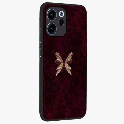 Crimson Fade Butterfly Glass Case upright view showcasing graceful butterfly artwork with soft crimson fade effect.