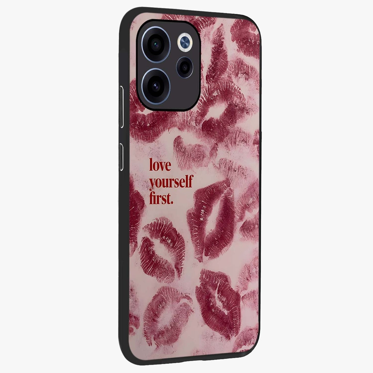 Crimson Kiss Love Glass Case upright view showcasing expressive romantic artwork with deep crimson theme.