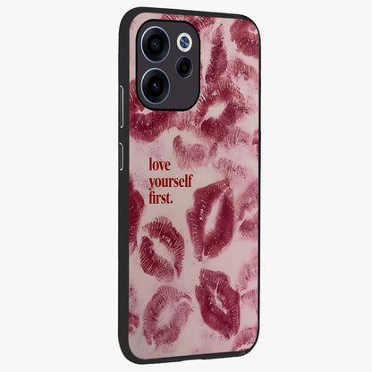 Crimson Kiss Love Glass Case upright view showcasing expressive romantic artwork with deep crimson theme.