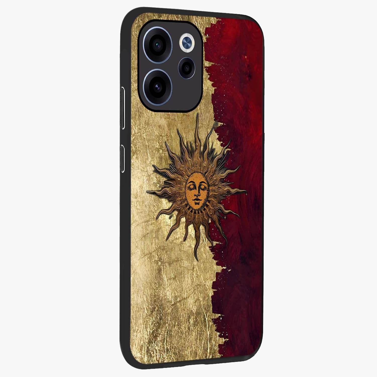 Crimson Sun Majesty Glass Case upright view showcasing vibrant sun artwork with powerful celestial theme.