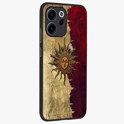 Crimson Sun Majesty Glass Case upright view showcasing vibrant sun artwork with powerful celestial theme.