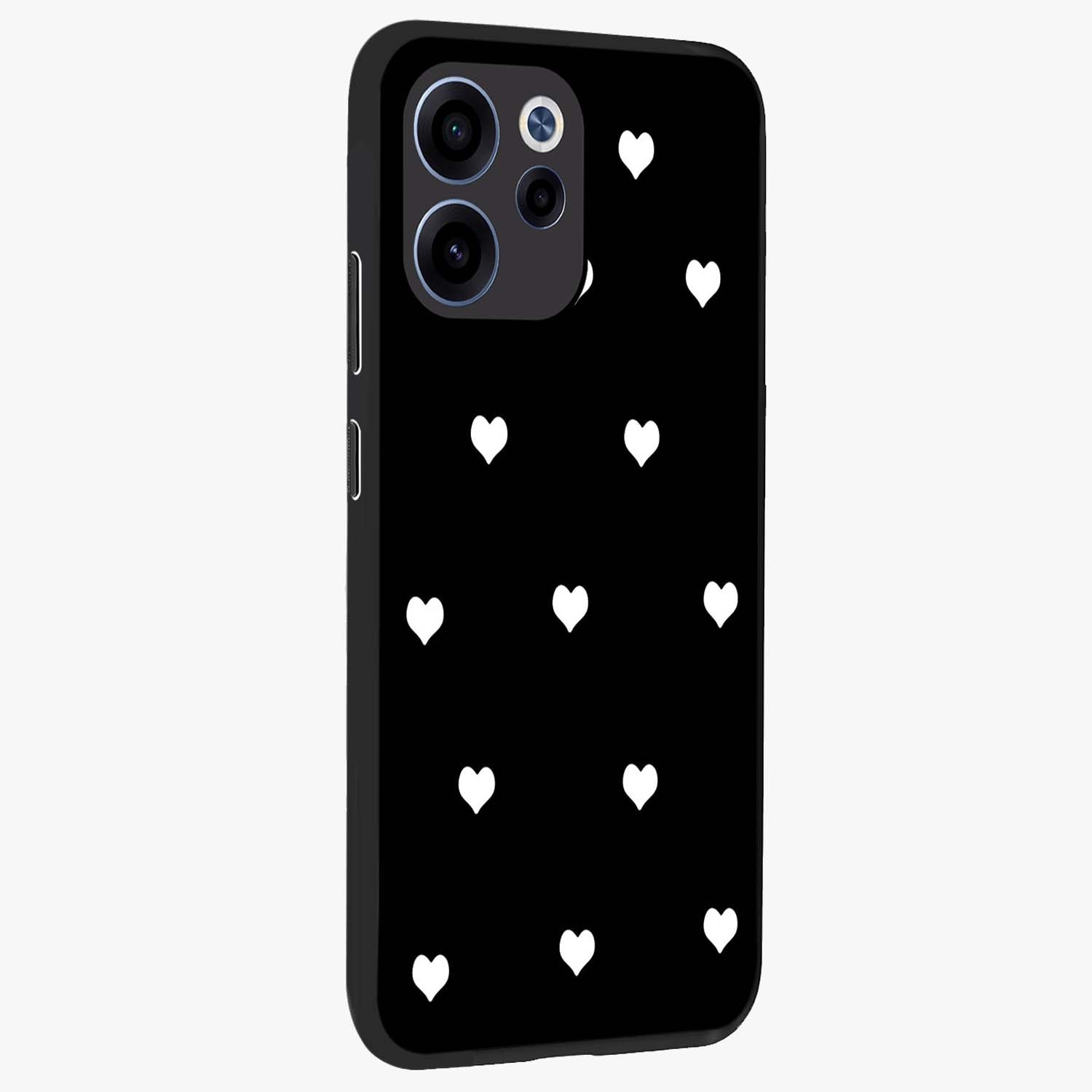 Cute And Simple White Hearts Glass Case upright view showcasing simple white hearts artwork with soft minimal theme.