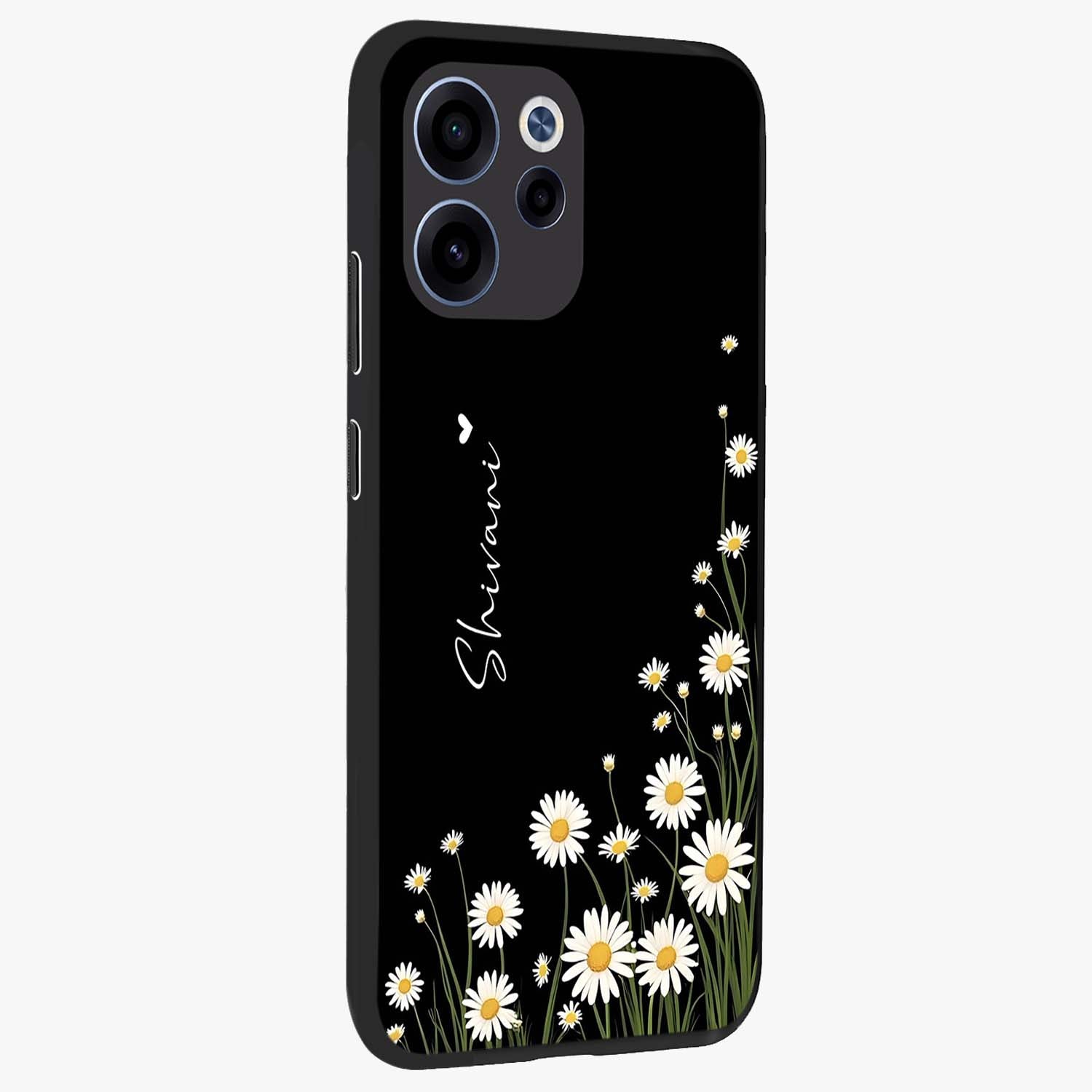 Daisy Cascade Custom Name Glass Case upright view showcasing elegant floral cascade design with personalized aesthetic.