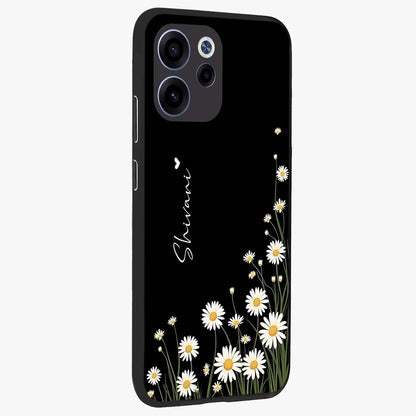 Daisy Cascade Custom Name Glass Case upright view showcasing elegant floral cascade design with personalized aesthetic.