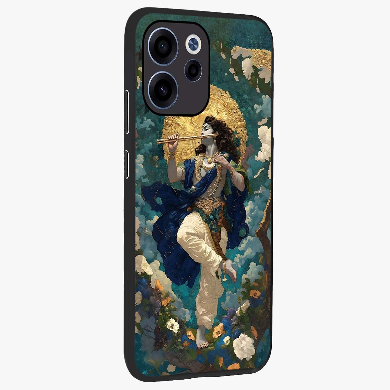 Divine Krishna Art Glass Case upright view showcasing divine Krishna artwork with sacred artistic theme.