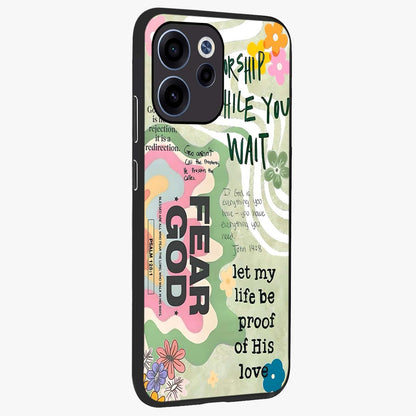 Faith Over Fear Glass Case upright view showcasing bold typography artwork with uplifting motivational theme.