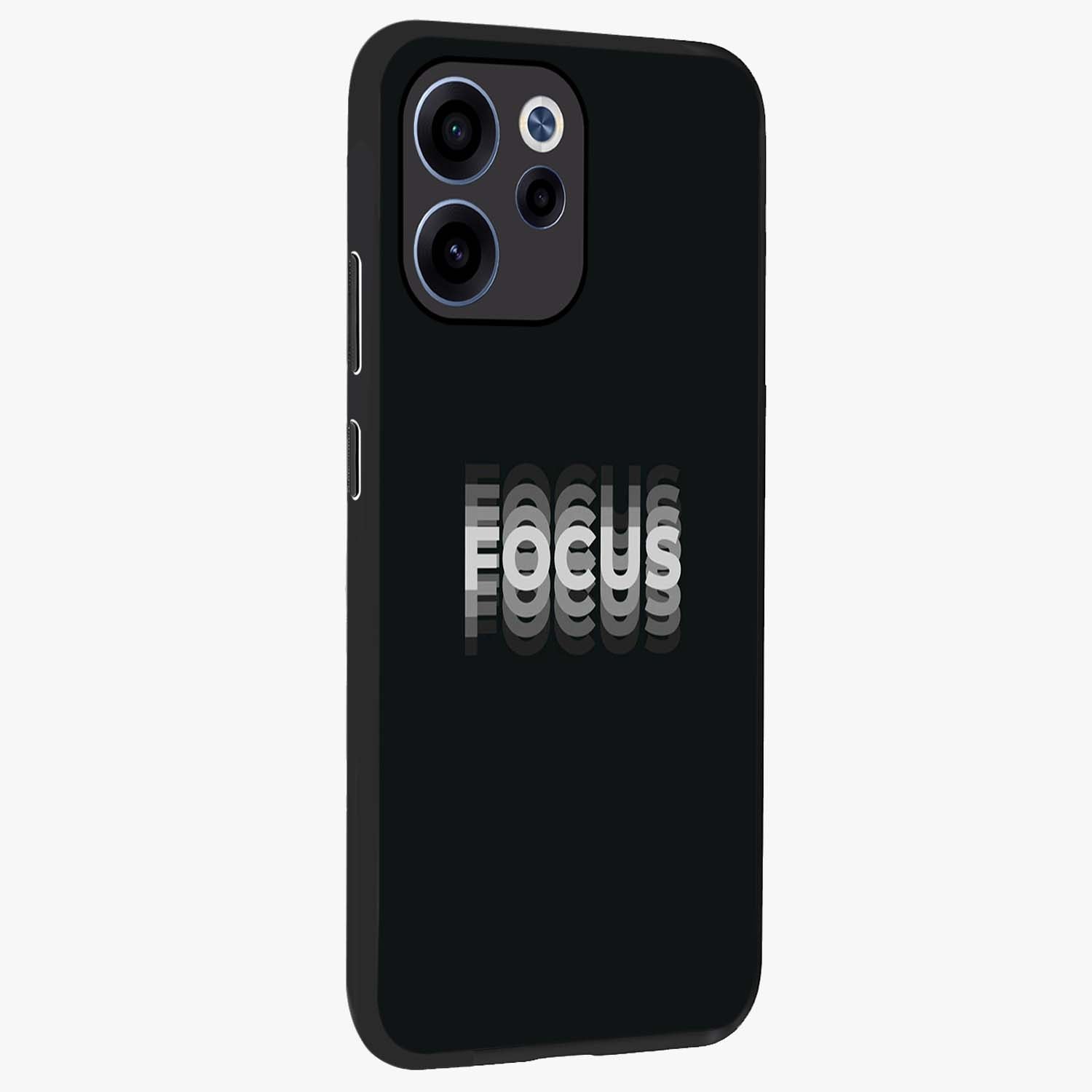 Focus Mode On Glass Case upright view showcasing strong typography statement with sleek motivational theme.