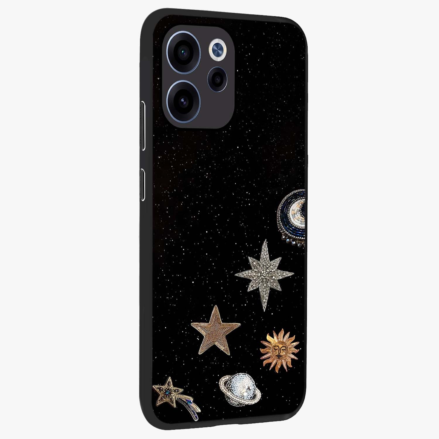 Galactic Charm Glow Glass Case upright view showcasing glowing cosmic charm artwork with magical celestial style.