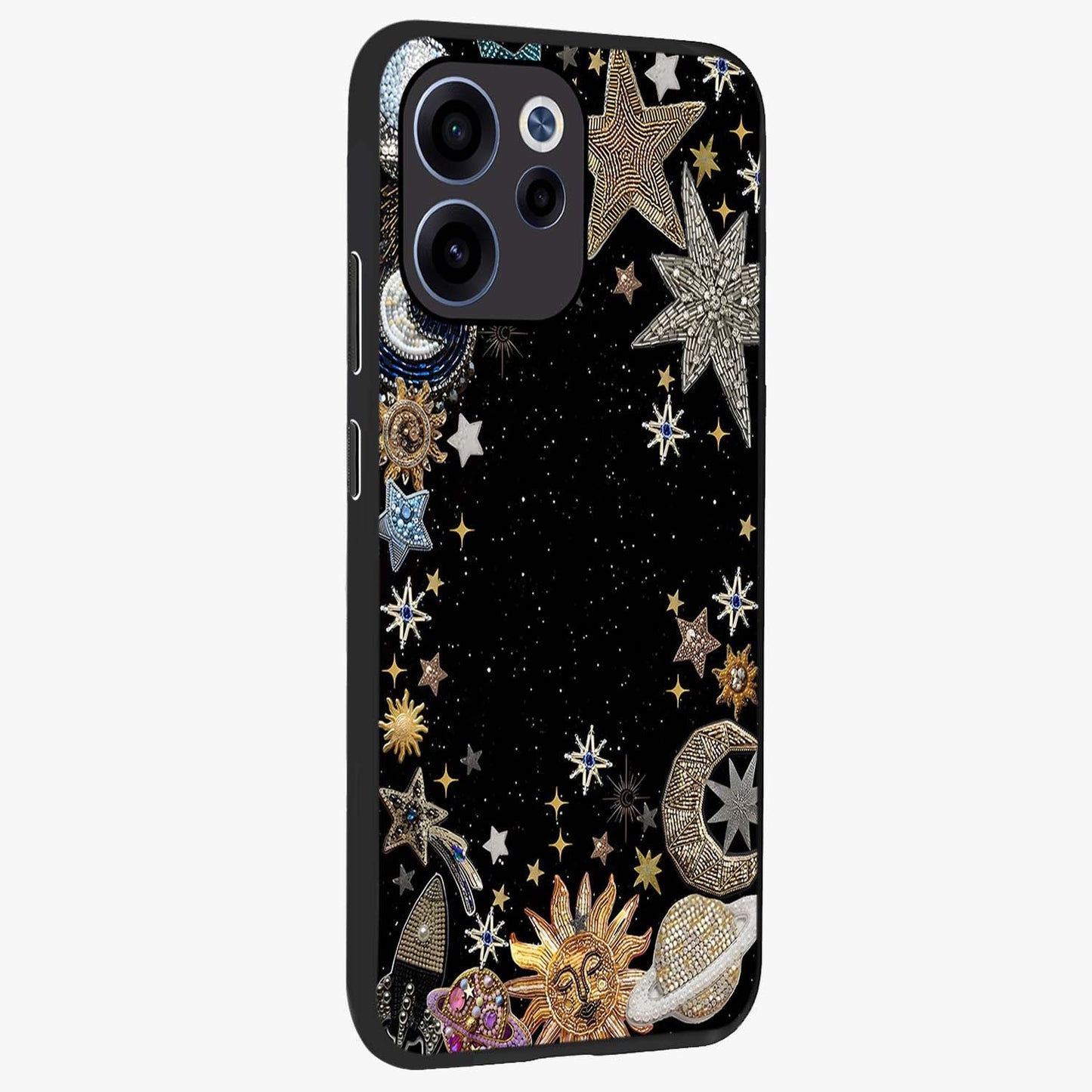 Galactic Jewel Stars Glass Case upright view showcasing glittering star jewel artwork with vibrant galaxy theme.