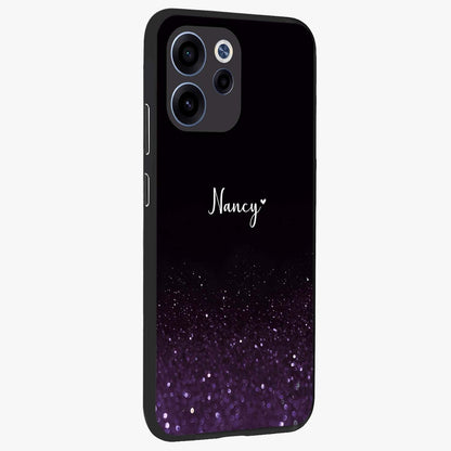 Glittery Purple Bokeh Custom Name Glass Case upright view showcasing vibrant purple sparkle artwork with personalized aesthetic style.