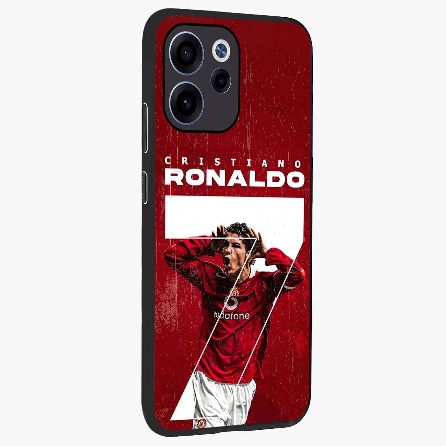 Goal Celebration Legacy Glass Case upright view showcasing dynamic football inspired artwork with victory celebration aesthetic.