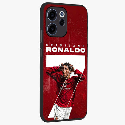 Goal Celebration Legacy Glass Case upright view showcasing dynamic football inspired artwork with victory celebration aesthetic.
