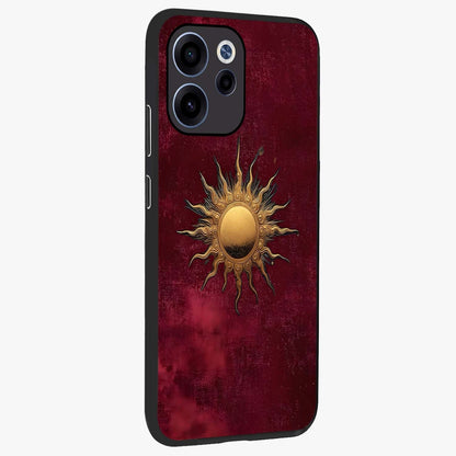 Golden Sun Minimalism Glass Case upright view showcasing simple golden sun artwork with elegant minimalist style.
