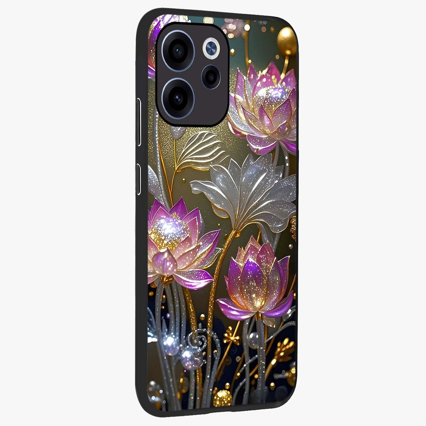 Golden Floral Majesty Glass Case upright view showcasing majestic floral artwork with rich decorative theme.
