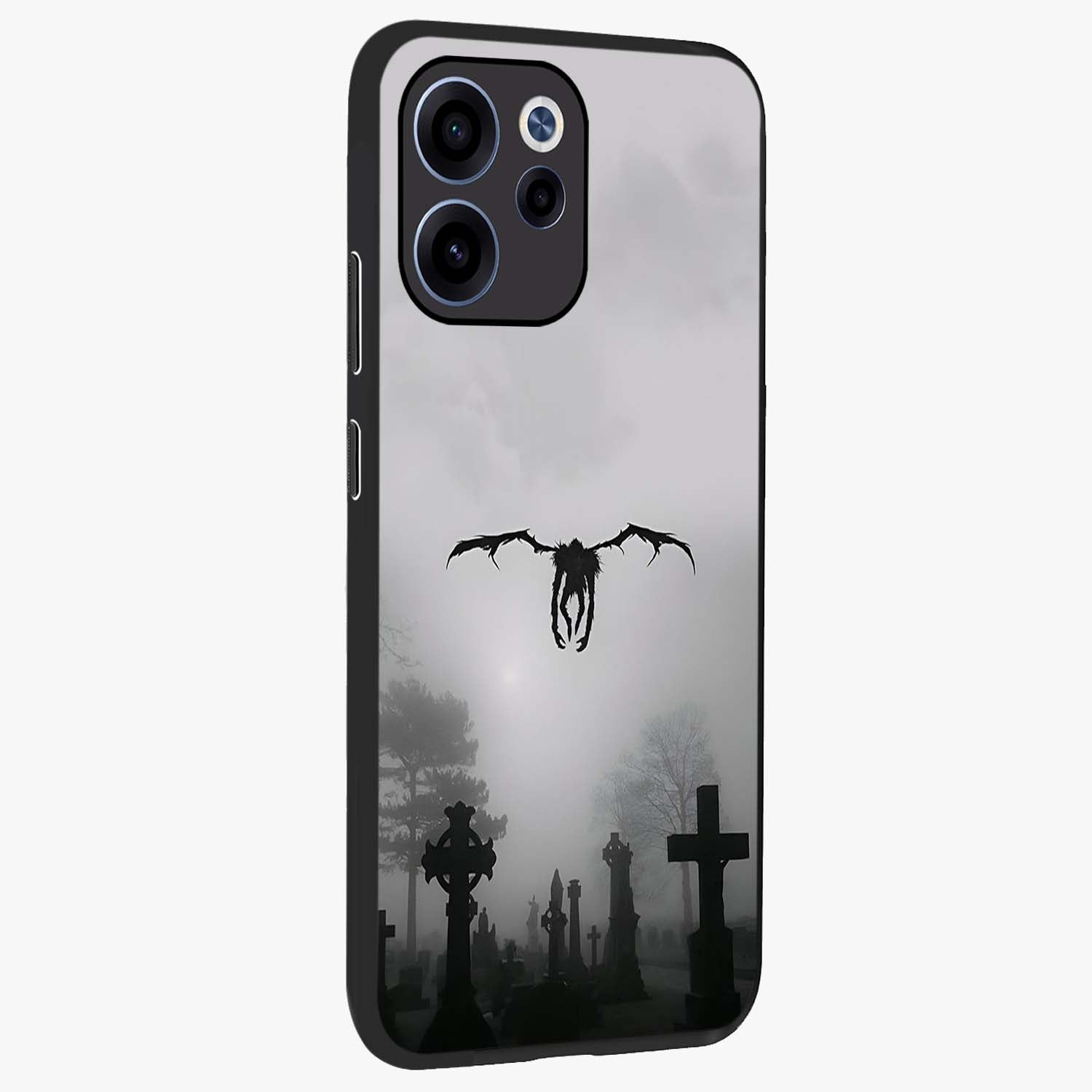 Graveyard Shadow Descent Glass Case upright view showcasing haunting graveyard artwork with dramatic dark theme.